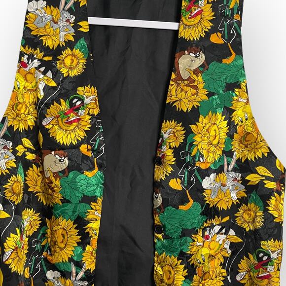 Looney Tunes 90s Vest Womens M Black Sunflower Satin VTG Tweety Taz Bugs Bunny - Picture 11 of 15